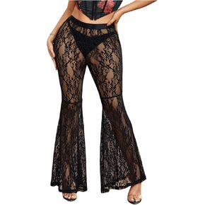 SweatyRocks Women's Sheer Lace Flare Pants High Waisted Flowy Party Bell Bottoms Trousers