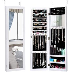 AUGESTER Door/Wall-Mounted Jewelry Cabinet, Jewelry Organizer w/Full-Length Mirror, Makeup Mirror, Ring holders, Necklace Hooks, Hanging Mirror with Jewelry Storage (Black)