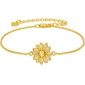 Sunflower Bracelet 925 Sterling Silver Gold Plated Natural Citrine Sunflower Adjustable Link Bracelets You Are My Sunshine Jewelry Gifts for Women