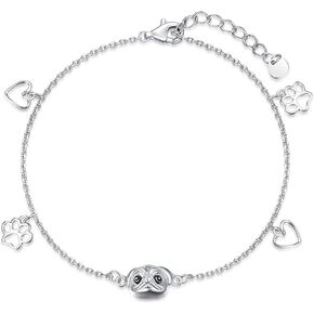 KINGWHYTE Cat/Dog Bracelet for Women 925 Sterling Silver Kitten/French Bulldog Bracelet with Paw Print Adjustable Charm Bracelets Animal Jewelry Birthday Christmas Gifts for Pet Lover