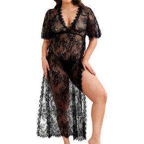 Plus Size Lingerie For Women, Christmas Long Floral Lace Robe, Sexy Valentines Gift For Him, Sheer Flowy Maxi Dress