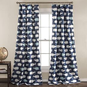Lush Decor, Navy Whale Curtains-Animal Ocean Print Design Light Filtering Window Panel Set for Living, Dining, Bedroom (Pair), 52" W x 84" L