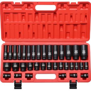 35 Pieces 1/2-Inch Drive Deep and Shallow Impact Socket Set, (Shallow 8-32mm and Deep 10-32mm), Metric Socket Set, 6 Point,with a Storage Cage.