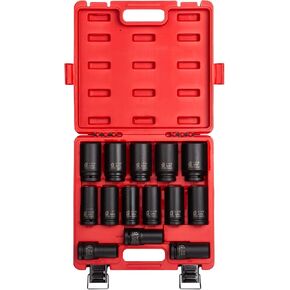 SUNEX TOOLS 4638, 3/4 Inch Drive Deep Impact Socket Set, 14-Piece, SAE, 3/4" - 1-5/8", Cr-Mo Alloy Steel, Radius Corner Design, Dual Size Markings, Heavy Duty Storage Case