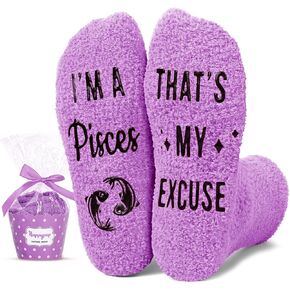 HAPPYPOP Pisces Zodiac Birthday Gifts for Women - Astrology Constellation Horoscope Gifts for Teen Girls, Fuzzy fuzzy Space Galaxy Pisces Socks