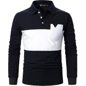 Polo Shirt for Men Long Sleeve Casual Colorblock Patchwork T Shirts Cotton Tops with Pocket