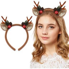 Christmas Antler Headband Deer Ears Pine Cones Hair Hoop Women Xmas Party Festival Reindeer Dress Up Hair Accessories