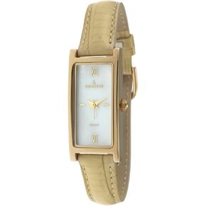 Peugeot Women's Slim 14K Gold Plated White Mother of Pearl Dial Tan Leather Thin Band Dress Watch 3017TN