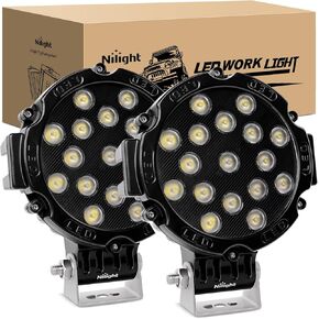 Nilight - 15023FB-B Led Light Bar 2PCS 7" 51w 5100LM Black Round Flood Light Pod Off Road Fog Driving Roof Bar Bumper for Jeep,SUV Truck, Hunters