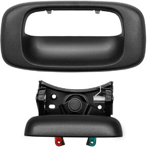 Tailgate Handle Latch and Bezel Trim Assembly with Rod Clips Black Compatible with GMC Chevy Silverado Sierra 1500 2500 3500 1999-2007 | Replaces# 15997911 15228539 15228541 15228540