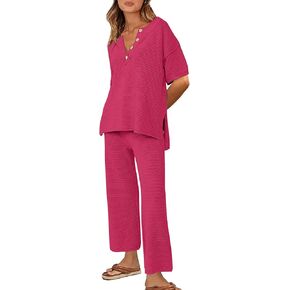 Ekouaer Women's 2 Piece Sweater Sets Knit Pullover Tops and Wide Leg Pants Loose Tracksuit Lounge Set Outfits Rosy, XL