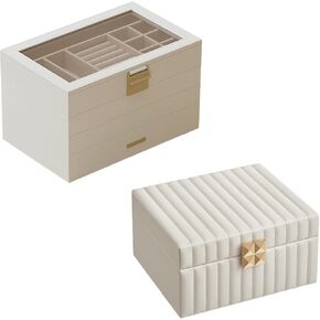 SONGMICS 4-Tier Jewelry Box with Glass Lid and 2-Tier Jewelry Organizer Bundle, with Drawers and Mirror, Removable Tray, Floating Effect, PU Surface, Cloud White UJBC164W01 and UJBC182W01
