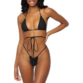 Women Halter String Bikini Set Sexy Thong Cheeky Two Piece Swimsuits Solid Color Bathing Swimwear
