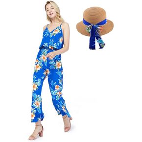 Women's Hawaiian Strap V with Pockets Jumpsuit in Hibiscus Blue