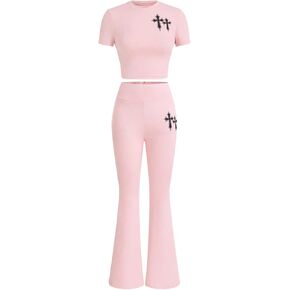 WDIRARA Women's 2 Piece Flare Leg Pants Sets Outfits High Elastic Crop Sports Top Legging Set