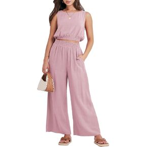 ANRABESS Women’s Summer 2 Piece Outfits Sleeveless Crop Top Tank and Wide Leg Pants Linen Jumpsuit Beach Vacation Sets
