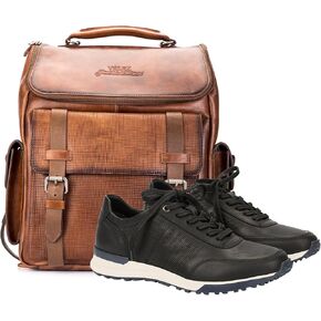 VELEZ 11 Mens Black Business Casual Sneakers + Full Grain Leather Backpack for Men Tan Designer Bookbag Business Casual Shoulder Bag