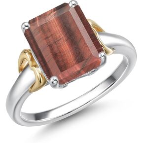 Gem Stone King 925 Silver and 10K Yellow Gold 10X8MM Emerald Cut Gemstone Birthstone Solitaire Engagement Ring | Wedding Engagement Anniversary Promise Ring For Women | Size 5,6,7,8,9