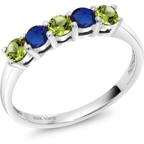 10K White Gold Green Peridot and Blue Created Sapphire 5 Stone Wedding Engagement Anniversary Promise Ring For Women (0.62 Cttw, Round 3MM, Gemstone August Birthstone, Available In Size 5, 6, 7, 8, 9)