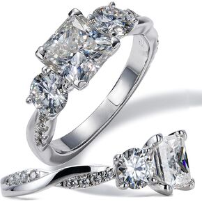 Princess Cut Moissanite Engagement Ring for Women 2.66 cttw 3-Stone Moissanite Rings D-color VVS Radiant Moissanite Wedding Anniversary Bridal Ring Pave Set Platinum-Plated Silver Twisting Infinity Vine Eternity Band