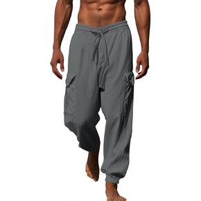 Mens Cotton Cargo Pants Casual Drawstring Pants Stretch Elastic Waist Lightweight Work Pants Multi Pockets