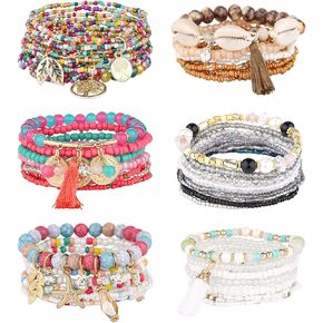 6 Sets Bohemian Stackable Bracelets Boho Multilayer Tassels Bracelet Handmade Stretch Bracelets for Women