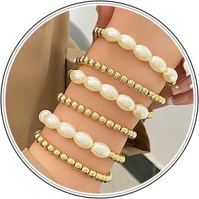 Gold Beaded Bracelets for Women Dainty Pearl Bracelets Baroque Pearl Layered Bracelets Sets Trendy Dainty Jewelry