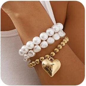 Chunky Pearls Gold Beads Heart Pendant Bracelet Heart Charm Bracelet Chunky Heart Stack Bracelet Wedding Party Bracelet for Women(3pcs)