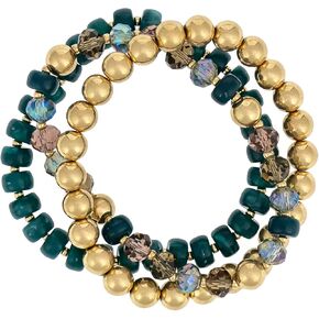 Jewelry 3 Row Beaded Stretch Bracelet, Accessory for Women, Adjustable and Stylish, Gold-Tone
