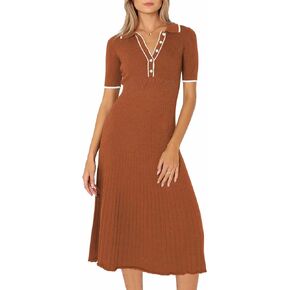 Pink Queen Women's Polo V Neck Short Sleeve Elegant High Waisted Bodycon Ribbed Swing Knit Midi Dresses