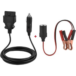 10ft OBD II Vehicle ECU Emergency Power Supply Cable Memory Saver with Alligator Clip-On 12V Car Battery Cigarette Lighter Power Socket Extension Cable