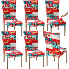 6 Set Christmas Chair Covers for Dining Chairs Stretch Removable Dining Room Chair Slipcovers Elk Snowflake Xmas Tree Seat Cover Washable Chair Protector for Decoration Holiday Kitchen Home