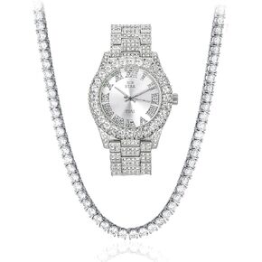 Techno Pave Womens Iced Solitaire Bezel Watch & Chain Set, 44mm Case