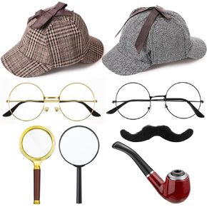 Jeyiour 8 Pcs Detective Costume Accessories for Adults Men Women Detective Hat Detective Kit Detective Outfit Party Decor