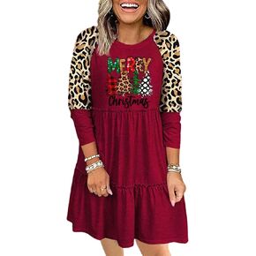 Merry Christmas Leopard Plaid Tree Ruffled Mini Dress Women Christmas Casual Christmas Tree Print Long Sleeve Dress