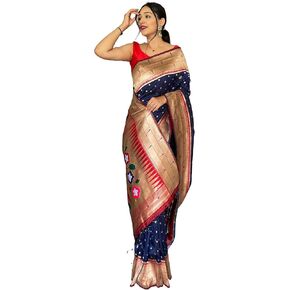Navy blue Color Paithani Silk Woven Saree with unstitched blouse