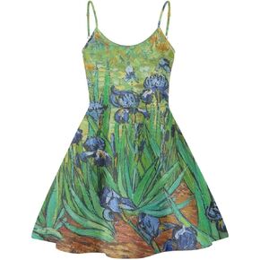 JooMeryer Women's Starry Night Oil Painting Printed Spaghetti Straps V-Neck A-Line Swing Dress