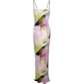 Women's Summer Sexy Halter Dress Slim Elegant Backless Strap Pleated Long Dress