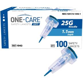 ONE-CARE OPTI Safety Lancets Top Button Activated 25G x 1.1mm, LowFlow, 100/bx