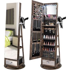 360° Rotating Jewelry Armoire with Full Length Mirror, Lockable Jewelry Cabinet w/6 LED Lights, Hairdryer Rack, Rear Storage Shelves & Bottom Drawer, Standing Jewelry Organizer (Walnut)