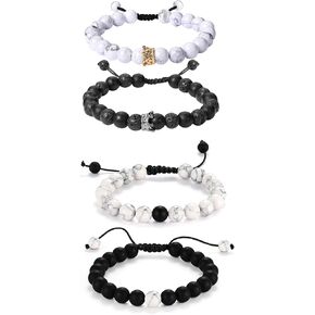 Cupimatch 2 Pairs Couple Distance Bracelet Diffuser Beads CZ Crown Bracelets Black Matte Agate & White Howlite Lava Stone
