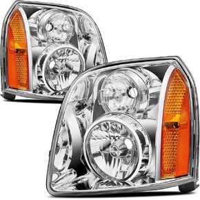 Headlights Assembly for 2007-2014 GMC Yukon SLE SLT Denali Yukon XL 1500 2500,Headlamp Assembly DENALI Style Chrome+Amber Halogen OE Replacement
