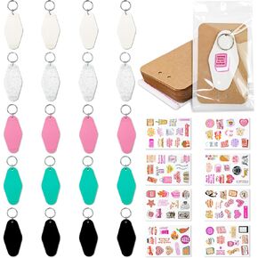 20 Pcs DIY Motel Keychain Blank with 8 Sheets Waterproof Funny Stickers and 20 Pcs Keychain Display Cards, DIY Motel Keychain Set for DIY Hotel Key Tag and Luggage Tag (Multicolor Series)