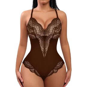 FeelinGirl Lace Bodysuit for Women Tummy Control Body Suits V Neck Corset Shapewear Thong Slimming Body Shaper