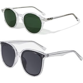 TIJN Clear Frame Round Sunglasses Bundle of Green Tinted and Oversized Grey