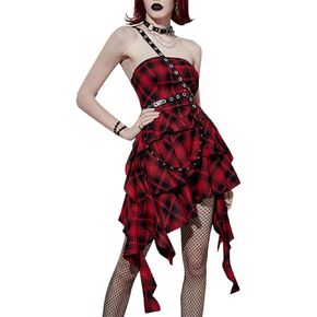 Women Gothic Harajuku Mini Dress Mall Goth Grunge One Shoulder Plaid Irregular Dresses