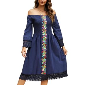Mexican Dress for Women Embroidered Traditional Fiesta Dresses Style Long Sleeve Floral Diverse Embroidered Patterns