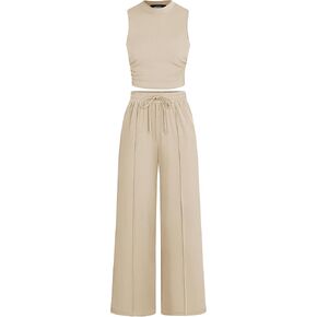 HAEOF Women's Summer 2 Piece Outfits Ribbed Knit Sleeveless Crop Tops Elastic High Waist Wide Leg Pants Matching Lounge Set