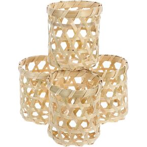 Rattan Woven Tea Light Candle Holders 4pcs Seagrass Hand Woven Votive Tealight Candle Holder Wicker Glass Vase Sleeve Coastal Boho Candle Holder for Dining Table