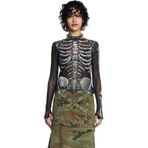 Dolls Kill Boneyard Mesh Top by Trickz N' Treatz - Slim Fit Long Sleeve Top with Skeleton Prints